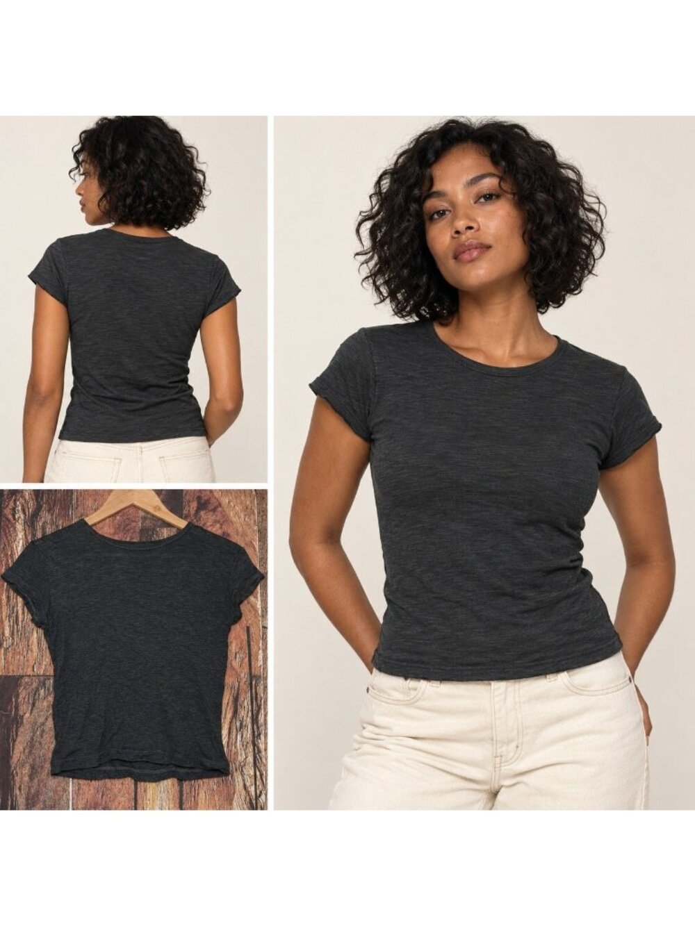 Brandy Melville Faded Black Hailie Top Slub Cotton Heathered Baby Tee OS